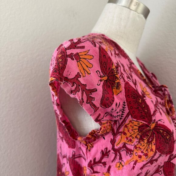 Calypso Pink Floral Cap Sleeve Dress Tassel Pink Butterfly Print Airy Sz XS - Picture 5 of 10